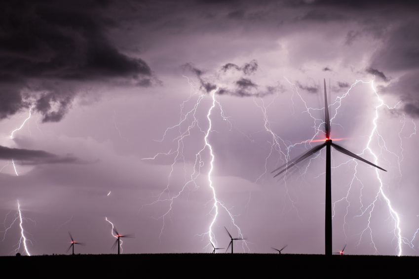 Wind turbines in a thunderstorm