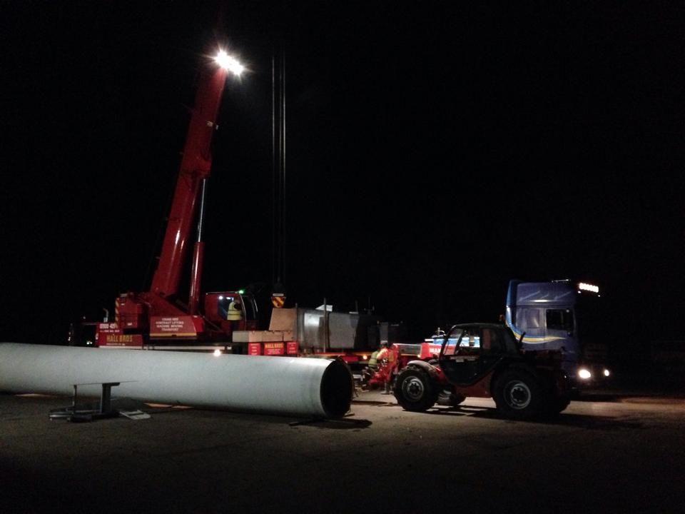 Loading turbine tower for transport to Scotland